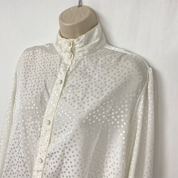 Vintage Helen Fabrikant Blouse Womens 12 White Satin Polka Dot Button Up Top - Picture 3 of 12